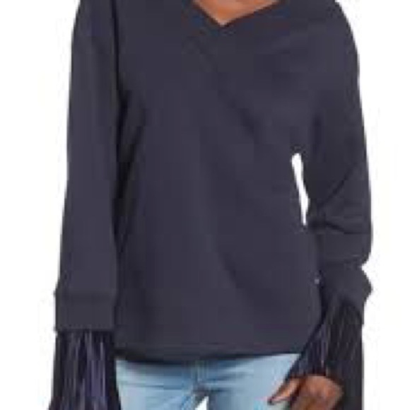 J.O.A Los Angeles Navy Blue V-neck Dressy Sweatshirt Pleated Cuffs Top Medium - Picture 1 of 8